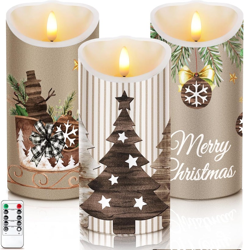 ROCEEI Store 3 Pcs Christmas Flameless Candles Winter Farmhouse Style Battery Operated LED Candles Christmas Rustic Pillar Flickering Real Wax Decorations for Indoor Table Decor Xmas Gifts Holiday Party - Image 1